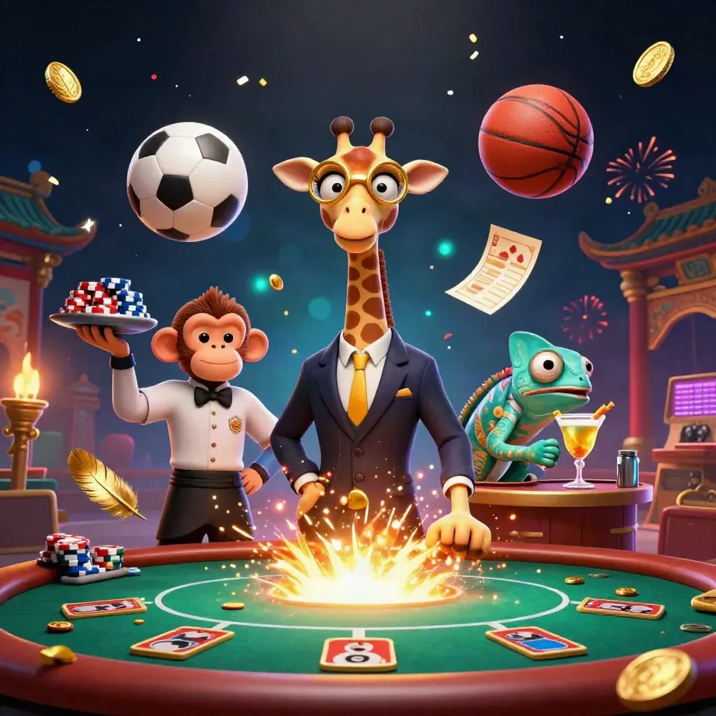 Cartoon giraffe, monkey, and chameleon around poker table with flying sports balls and casino effects
