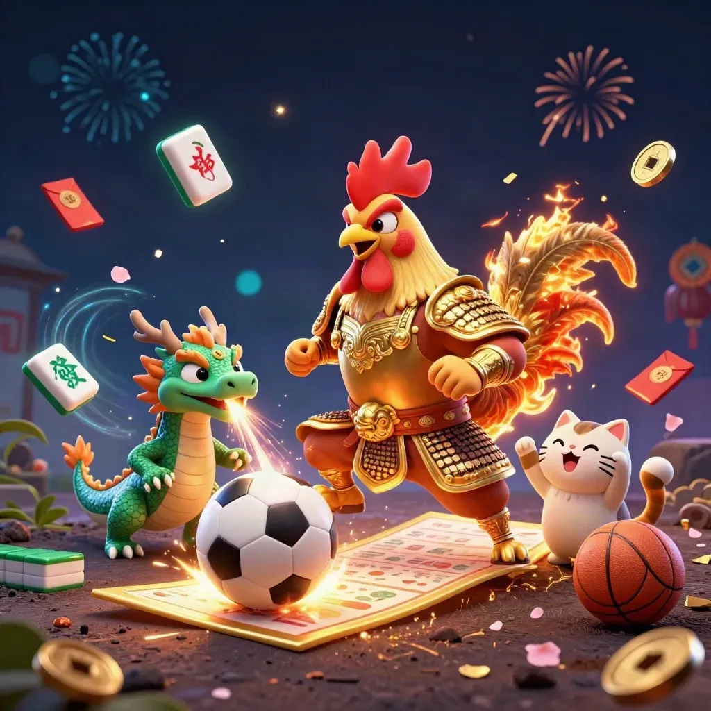 Rooster warrior, dragon hatchling, and fortune-cat amid a flying soccer ball and casino effects.