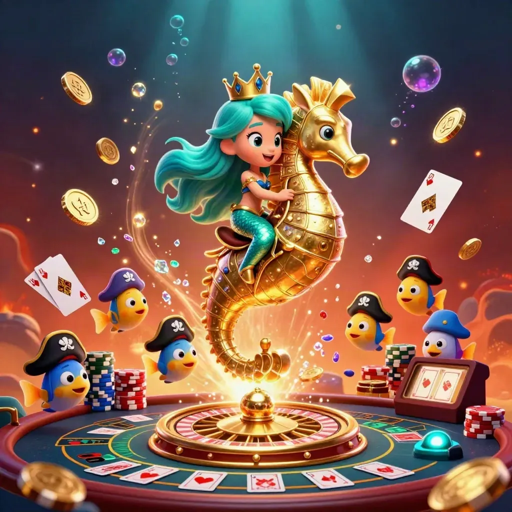 Mermaid princess on armored seahorse amid coins, gems, roulette, chips, and glowing casino light