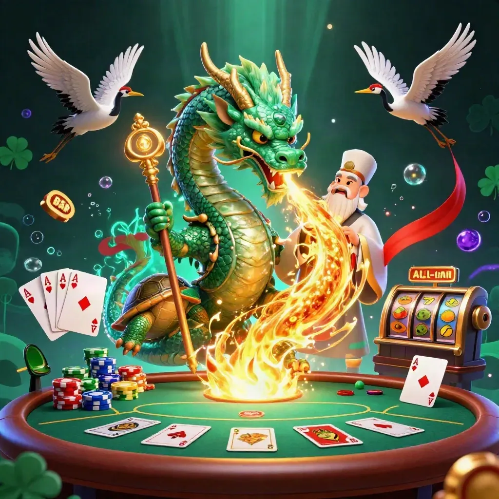 Jade dragon, turtle sage, and cranes amid poker chips, cards, reels, and golden fire